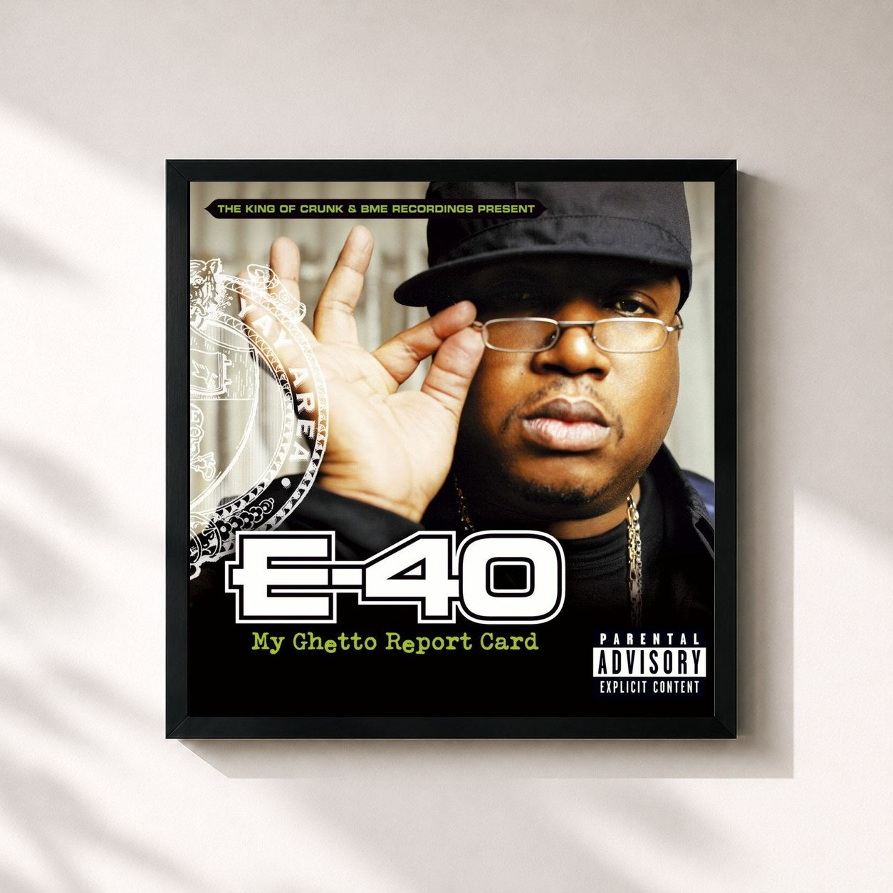 #noir Tableau carré de l'album My Ghetto Report Card de E-40, cadre noir 32x32 cm