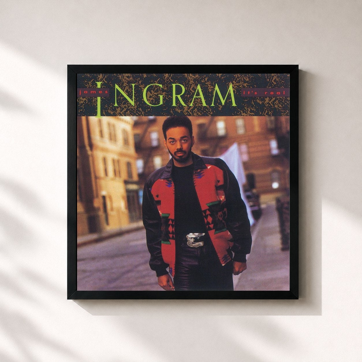 #noir Tableau carré de l'album It's Real de James Ingram, cadre noir 32x32 cm