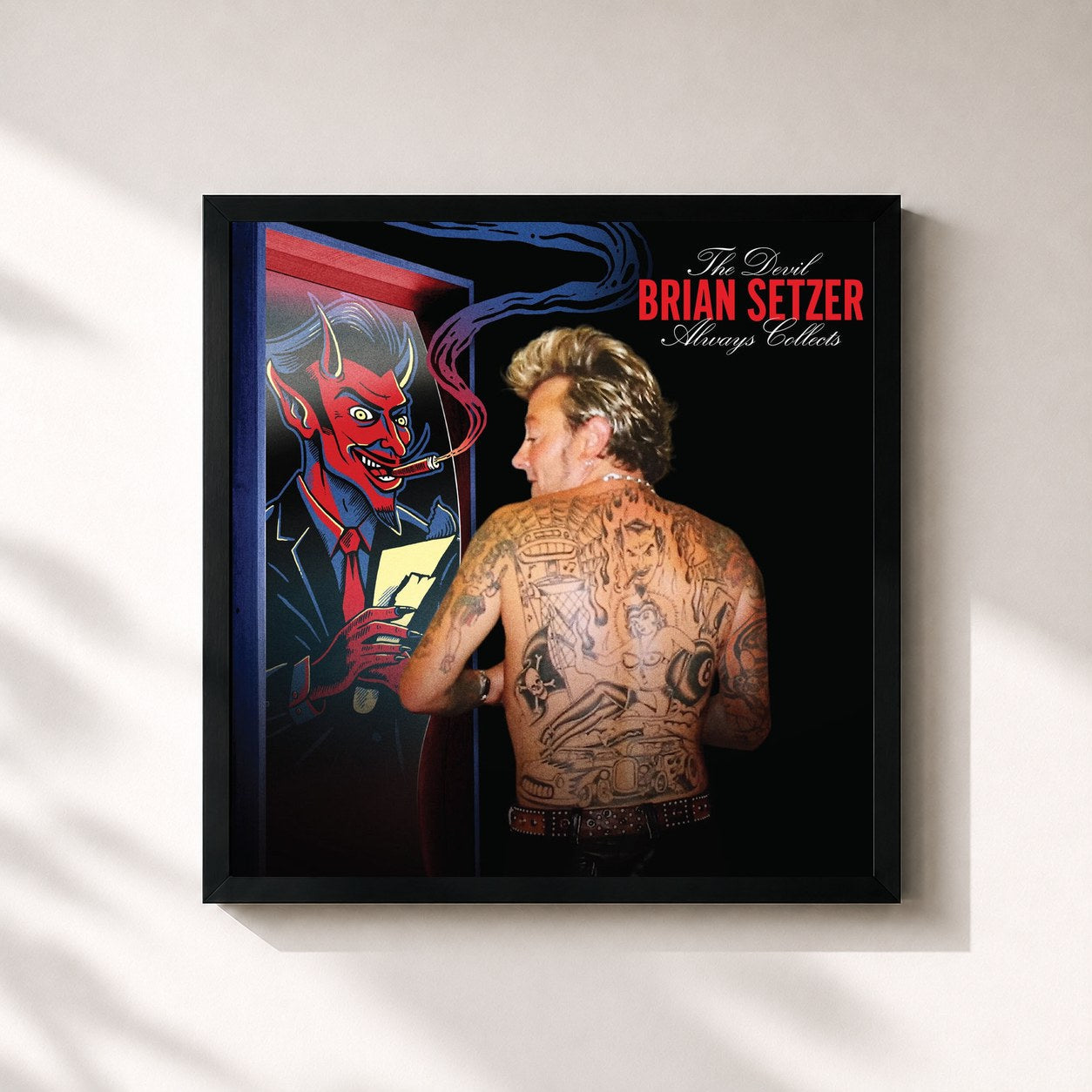 #noir Tableau carré de l'album The Devil Always Collects de Brian Setzer, cadre noir 32x32 cm