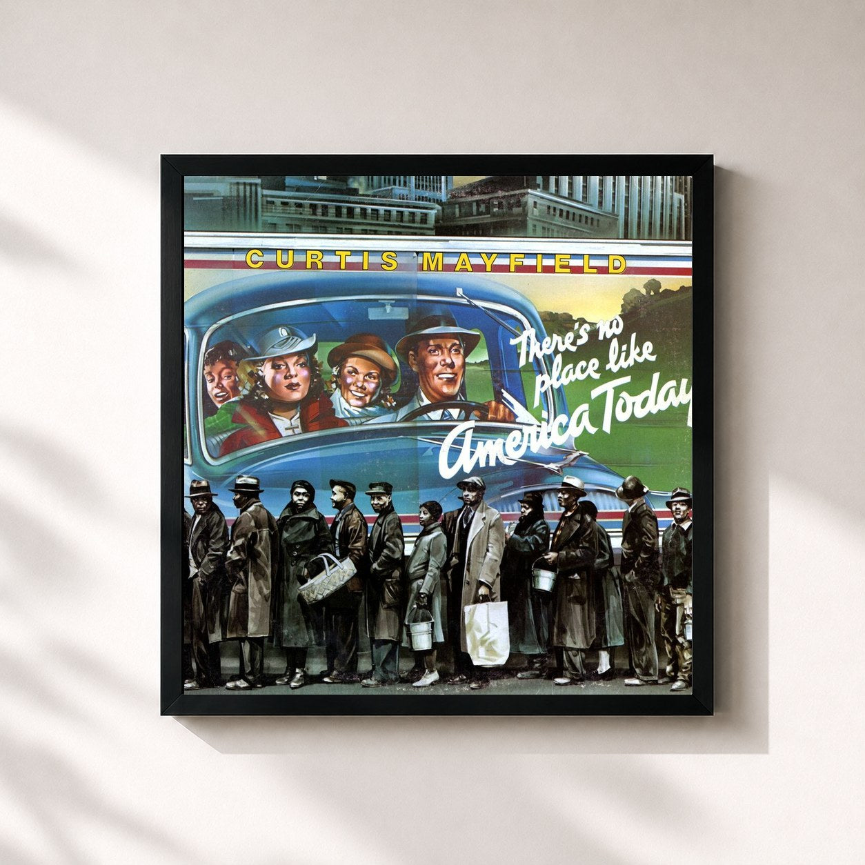 #noir Tableau carré de l'album There's No Place Like America Today de Curtis Mayfield, cadre noir 32x32 cm