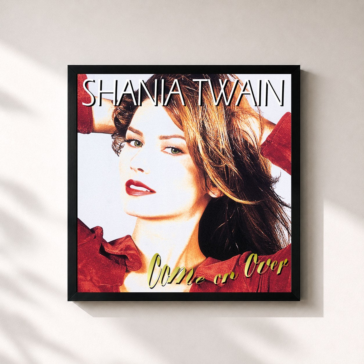 #noir Tableau carré de l'album Come On Over de Shania Twain, cadre noir 32x32 cm