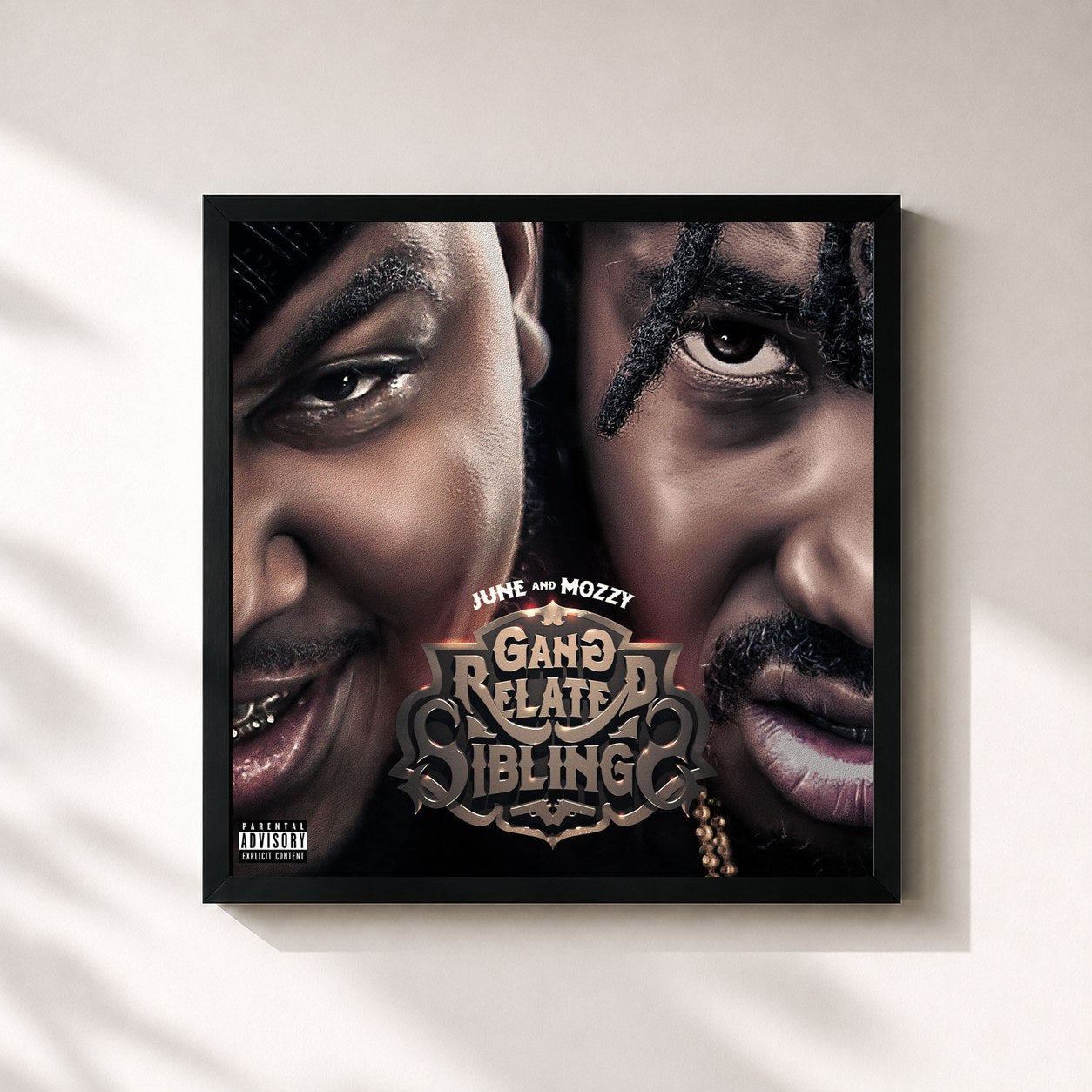 #noir Tableau carré de l'album Gang Related Siblings de Mozzy, cadre noir 32x32 cm