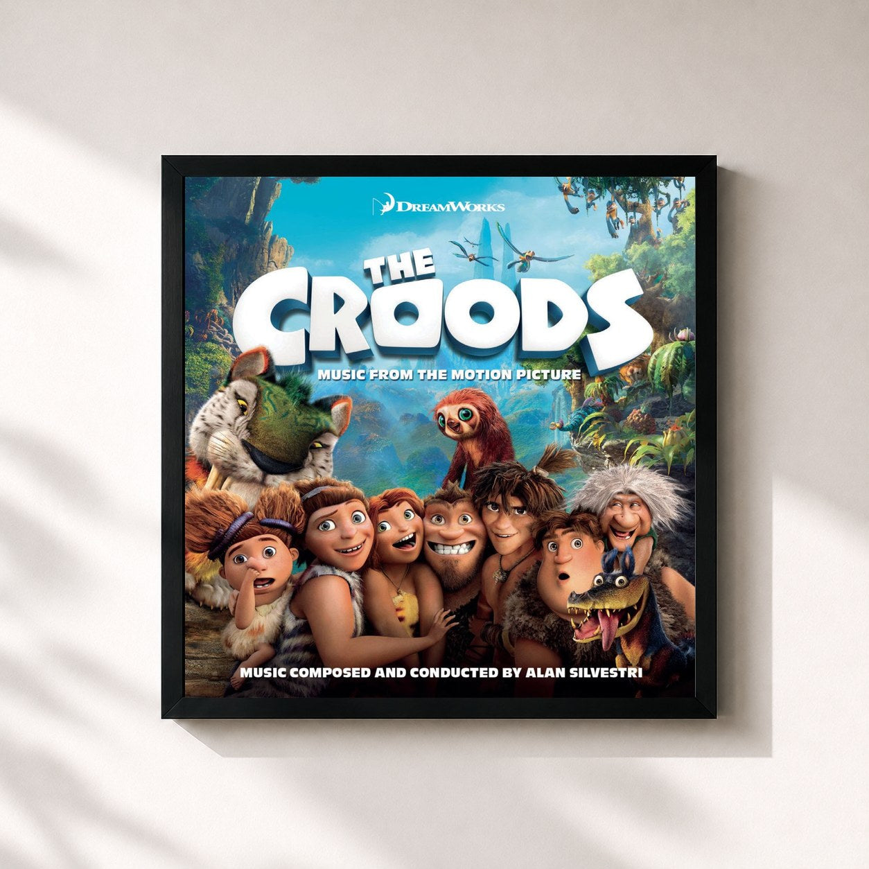 #noir Tableau carré de l'album The Croods de Alan Silvestri, cadre noir 32x32 cm