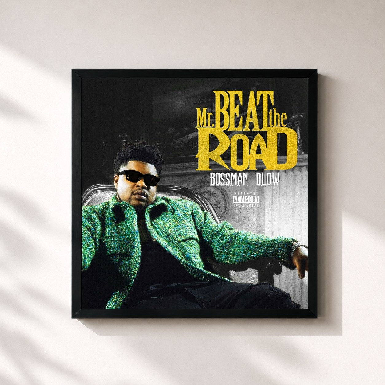 #noir Tableau carré de l'album Mr Beat The Road de Bossman Dlow, cadre noir 32x32 cm