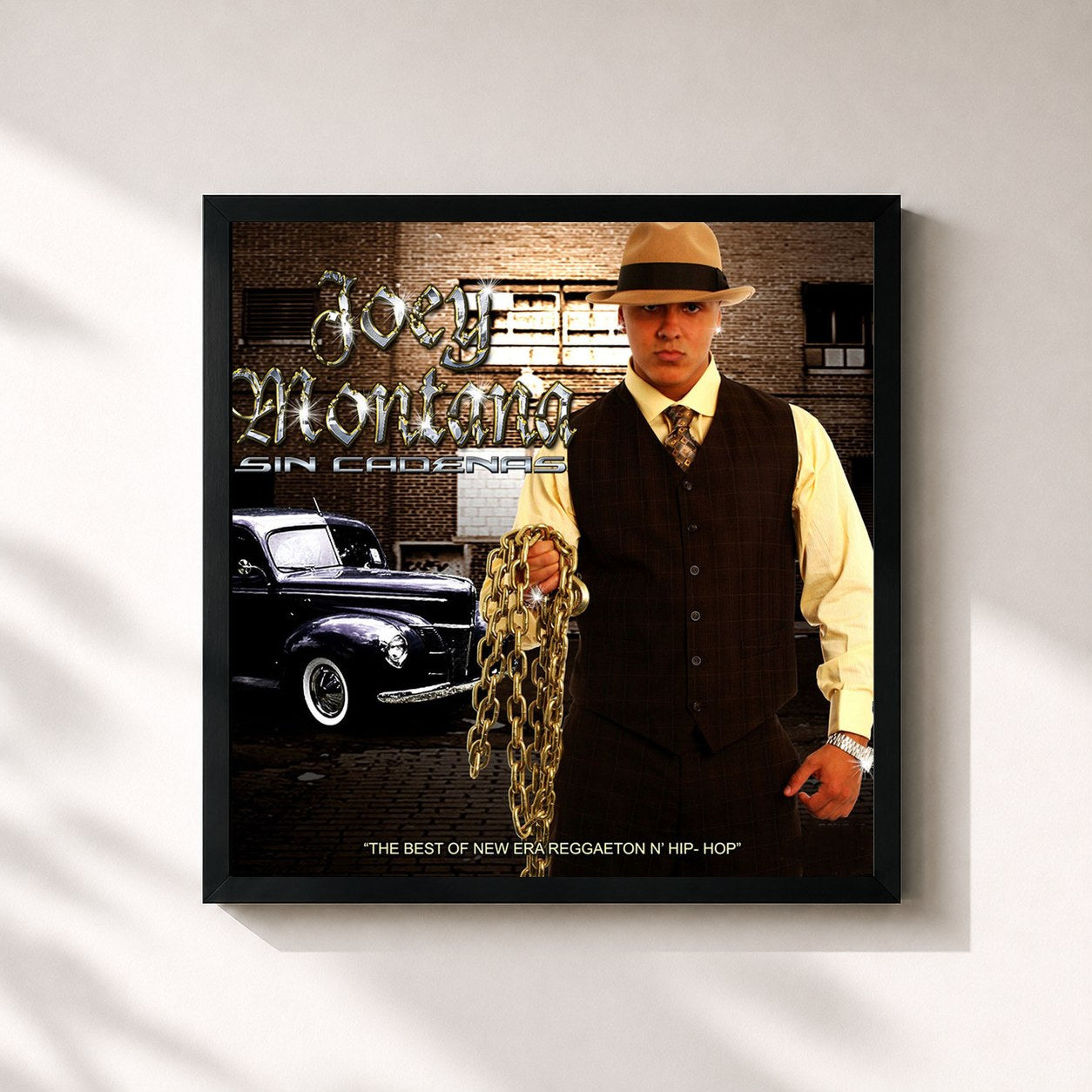 #noir Tableau carré de l'album Sin Cadenas de Joey Montana, cadre noir 32x32 cm