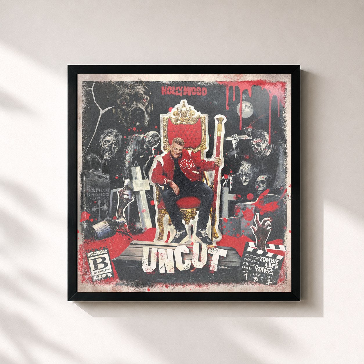 #noir Tableau carré de l'album Hollywood Uncut de Bonez MC, cadre noir 32x32 cm