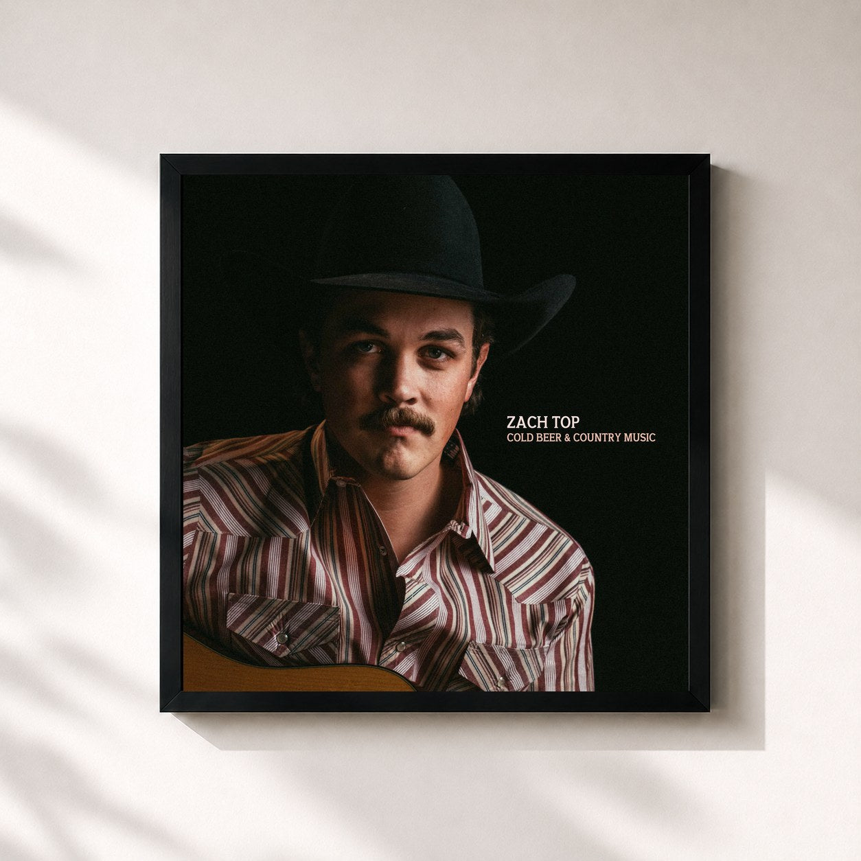 #noir Tableau carré de l'album Cold Beer & Country Music de Zach Top, cadre noir 32x32 cm