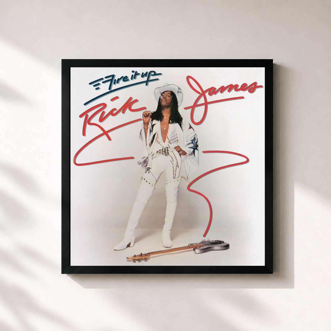 #noir Tableau carré de l'album Fire It Up de Rick James, cadre noir 32x32 cm