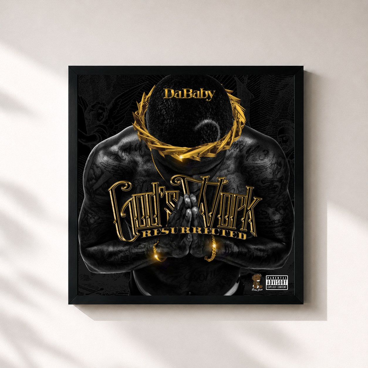 #noir Tableau carré de l'album God's Work Resurrected de DaBaby, cadre noir 32x32 cm