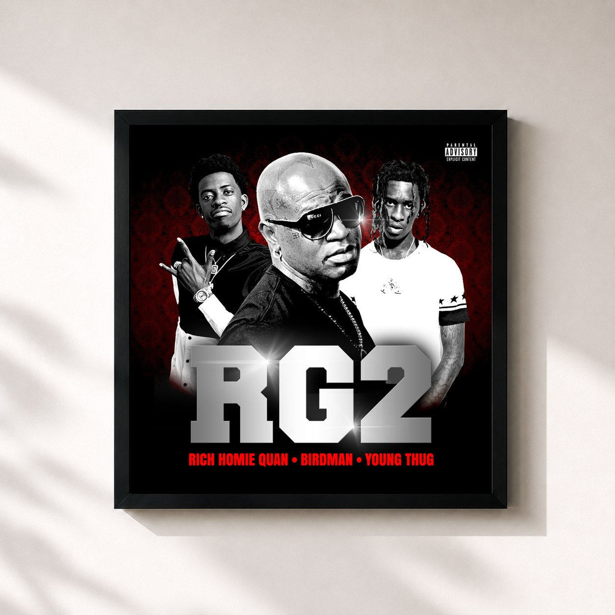 #noir Tableau carré de l'album RG2 de Rich Homie Quan, cadre noir 32x32 cm
