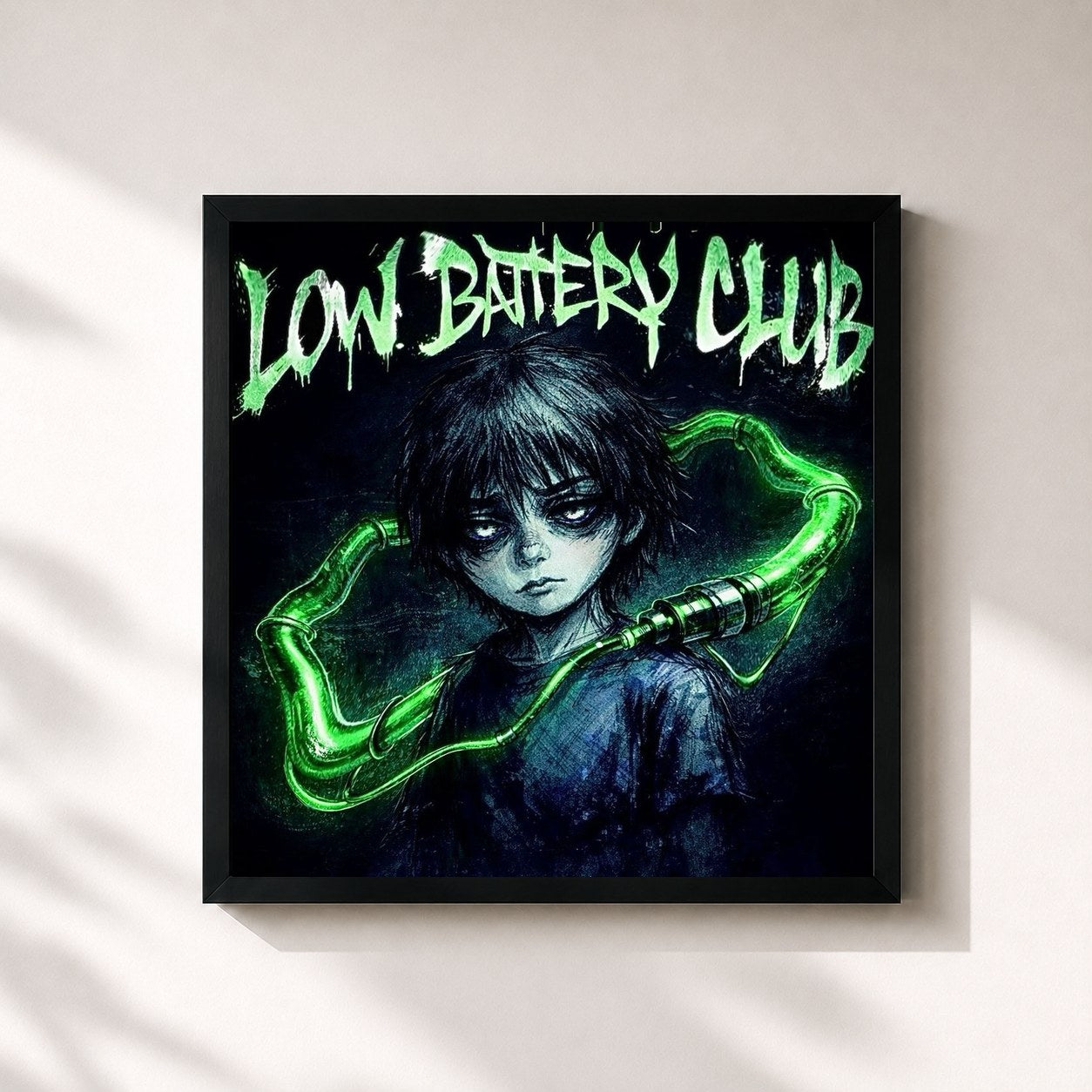 #noir Tableau carré de l'album LOW BATTERY CLUB de Janet Suhh, cadre noir 32x32 cm