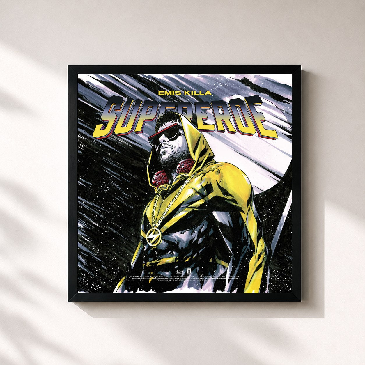 #noir Tableau carré de l'album Supereroe Bat Edition de Emis Killa, cadre noir 32x32 cm