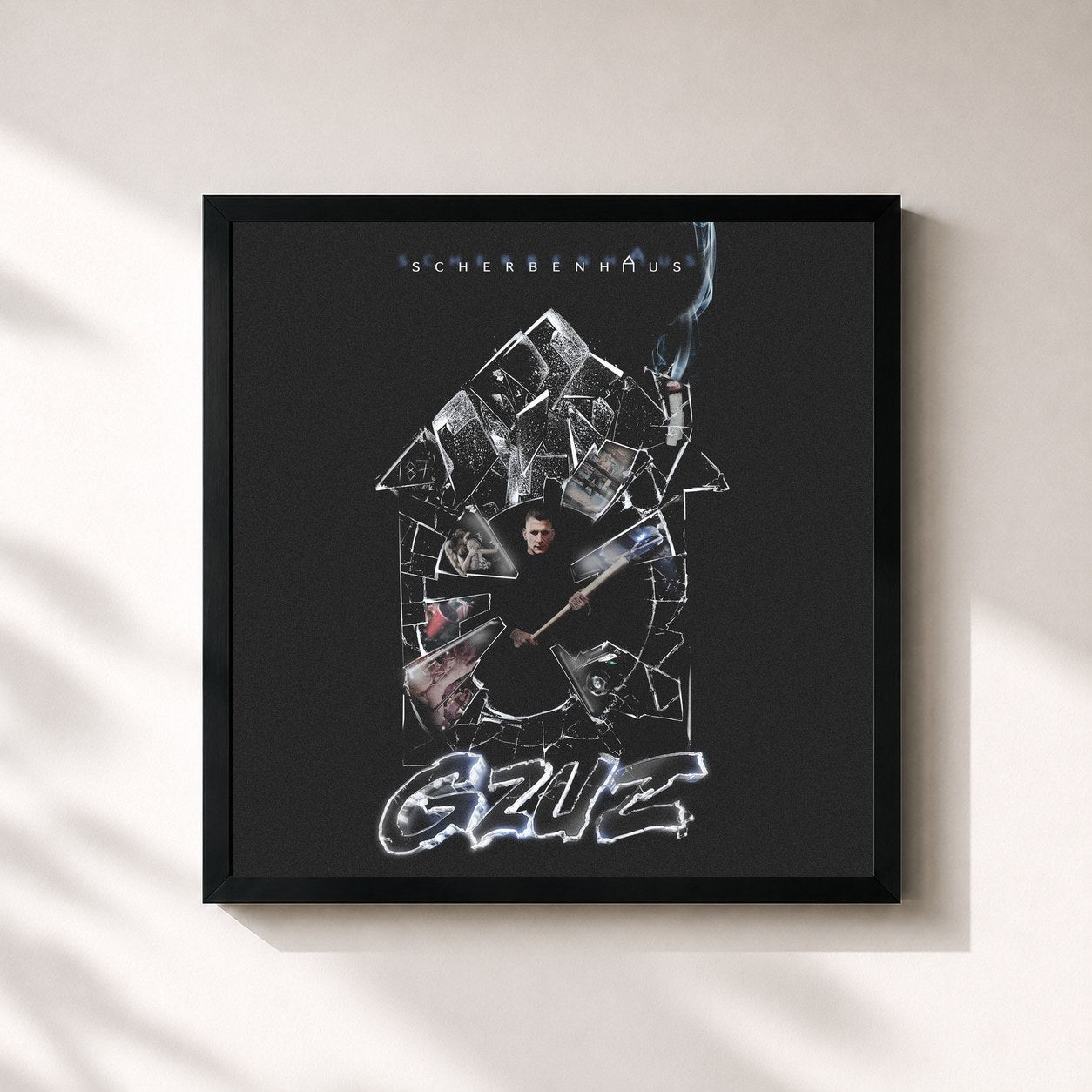 #noir Tableau carré de l'album SCHERBENHAUS de Gzuz, cadre noir 32x32 cm