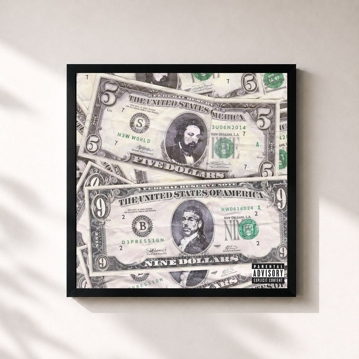 #noir Tableau carré de l'album New World Depression de $uicideboy$, cadre noir 32x32 cm