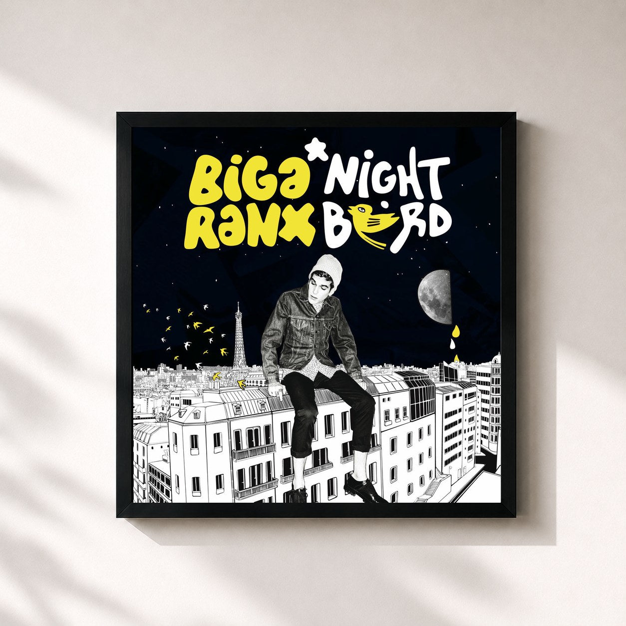 #noir Tableau carré de l'album Nightbird de Biga*Ranx, cadre noir 32x32 cm