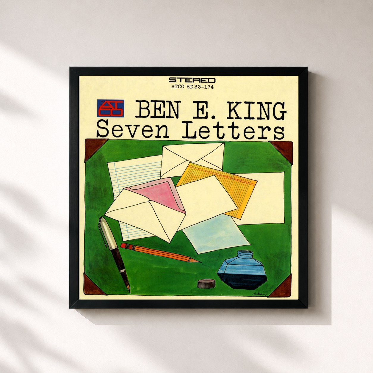 #noir Tableau carré de l'album Seven Letters de Ben E. King, cadre noir 32x32 cm