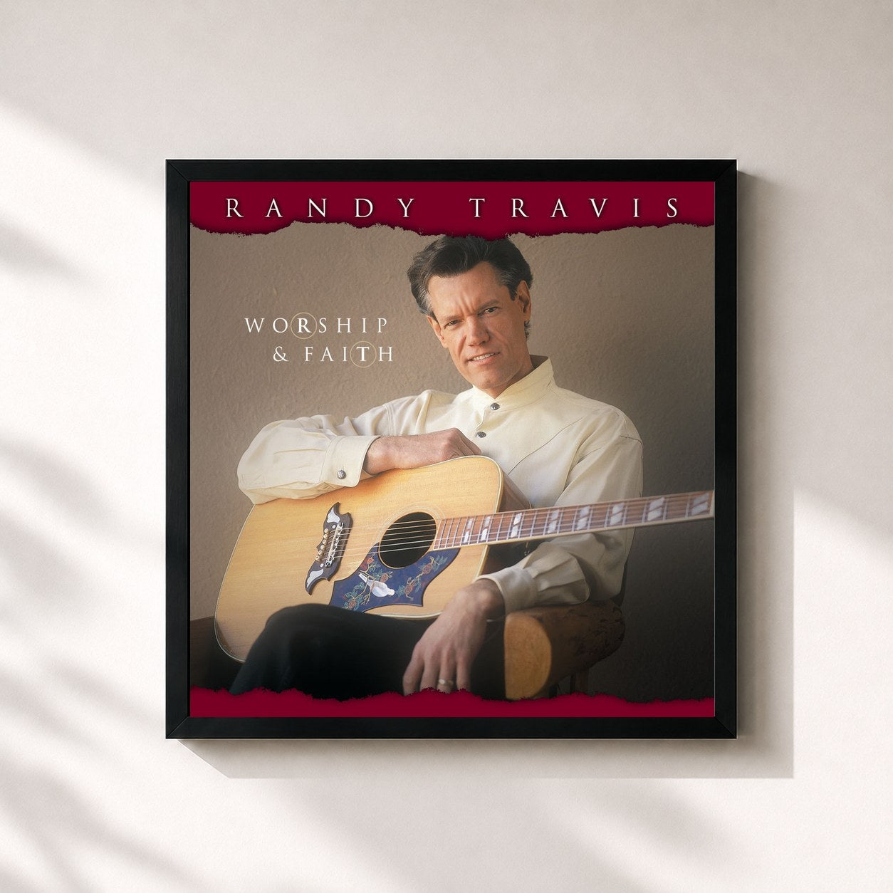 #noir Tableau carré de l'album Worship & Faith de Randy Travis, cadre noir 32x32 cm
