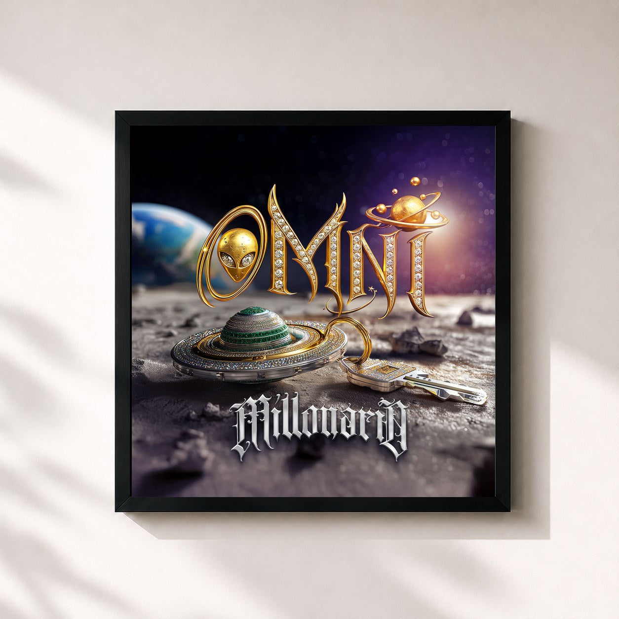 #noir Tableau carré de l'album OMNI de Millonario, cadre noir 32x32 cm