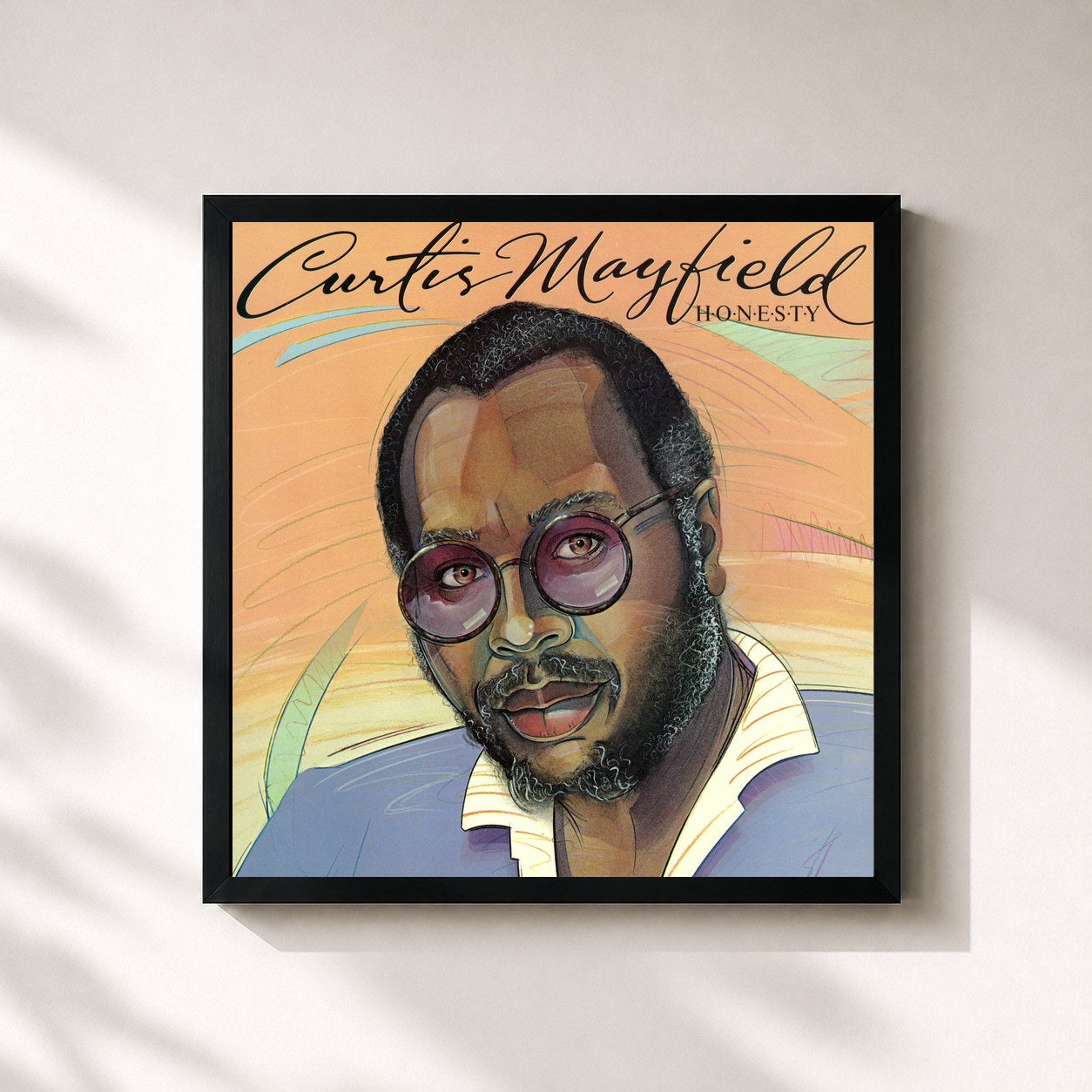#noir Tableau carré de l'album Honesty de Curtis Mayfield, cadre noir 32x32 cm
