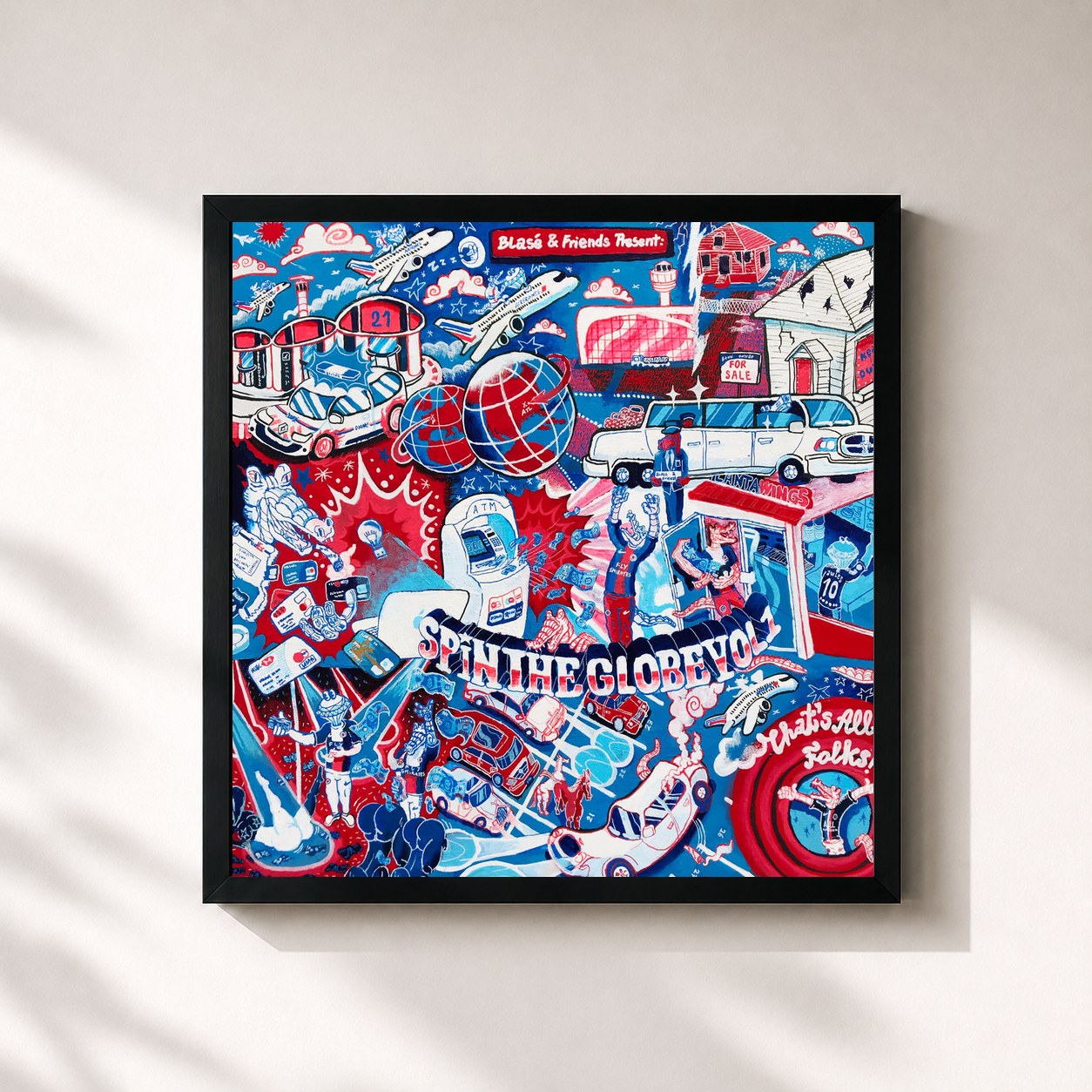 #noir Tableau carré de l'album Spin the Globe de Blasé, cadre noir 32x32 cm