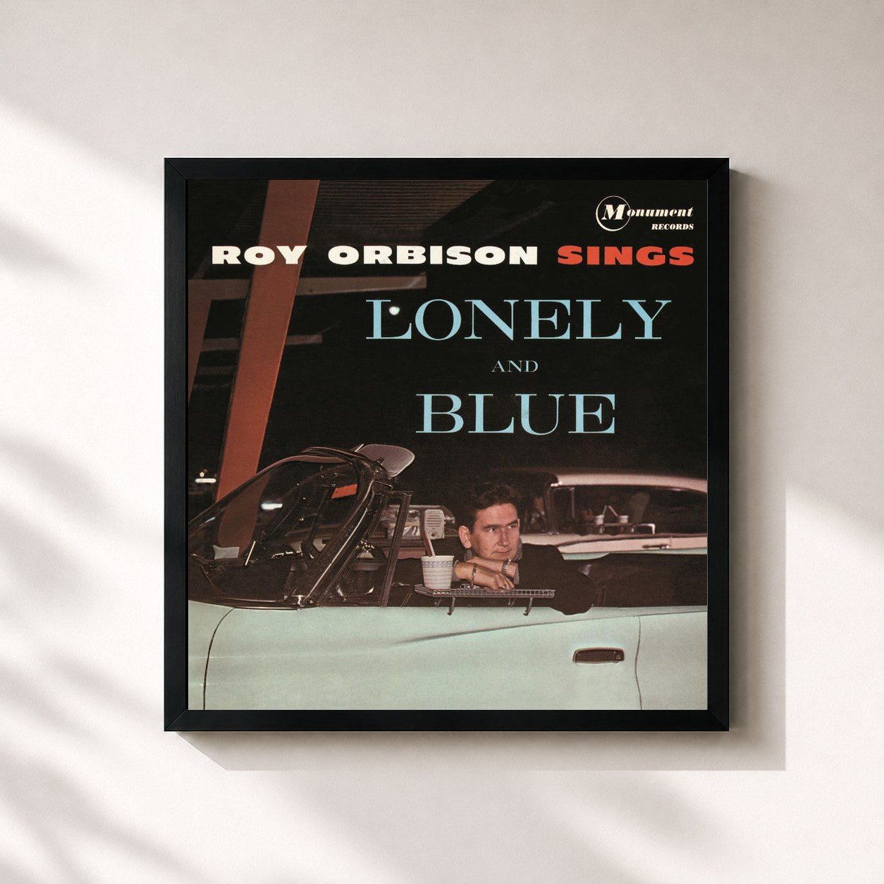 #noir Tableau carré de l'album Sings Lonely and Blue de Roy Orbison, cadre noir 32x32 cm