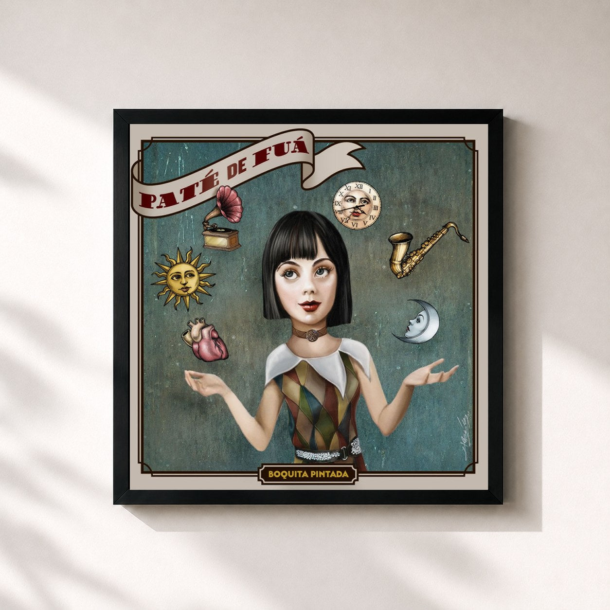 #noir Tableau carré de l'album Boquita Pintada de Paté de Fuá, cadre noir 32x32 cm