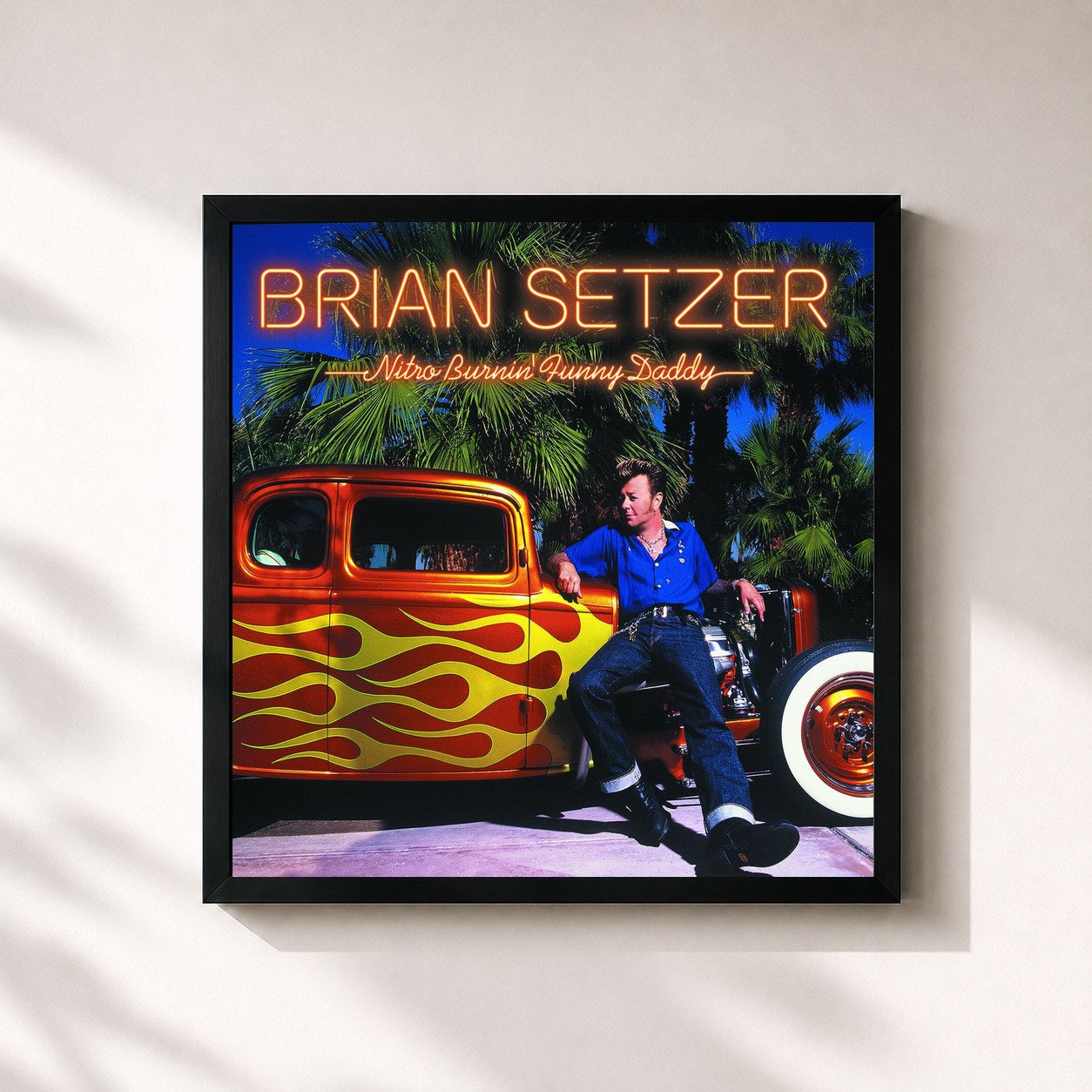 #noir Tableau carré de l'album Nitro Burnin' Funny Daddy de Brian Setzer, cadre noir 32x32 cm