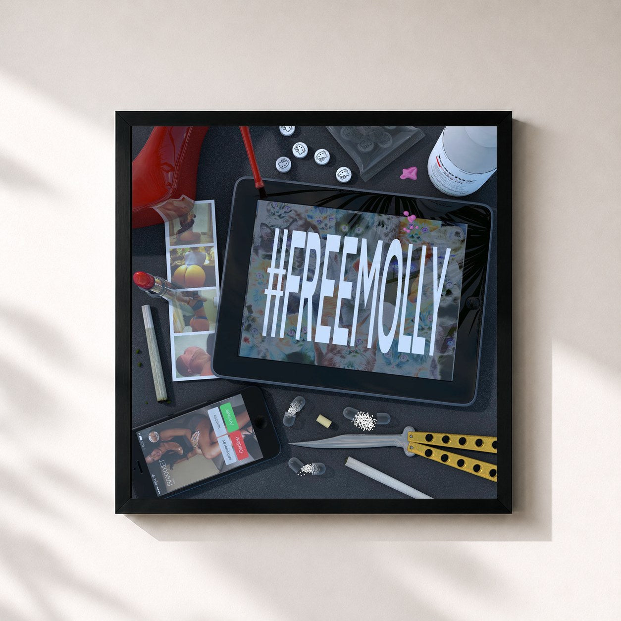#noir Tableau carré de l'album #Freemolly de Yung Beef, cadre noir 32x32 cm