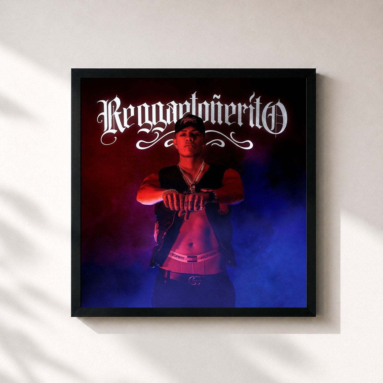 #noir Tableau carré de l'album Reggaetoñerito de El Bogueto, cadre noir 32x32 cm