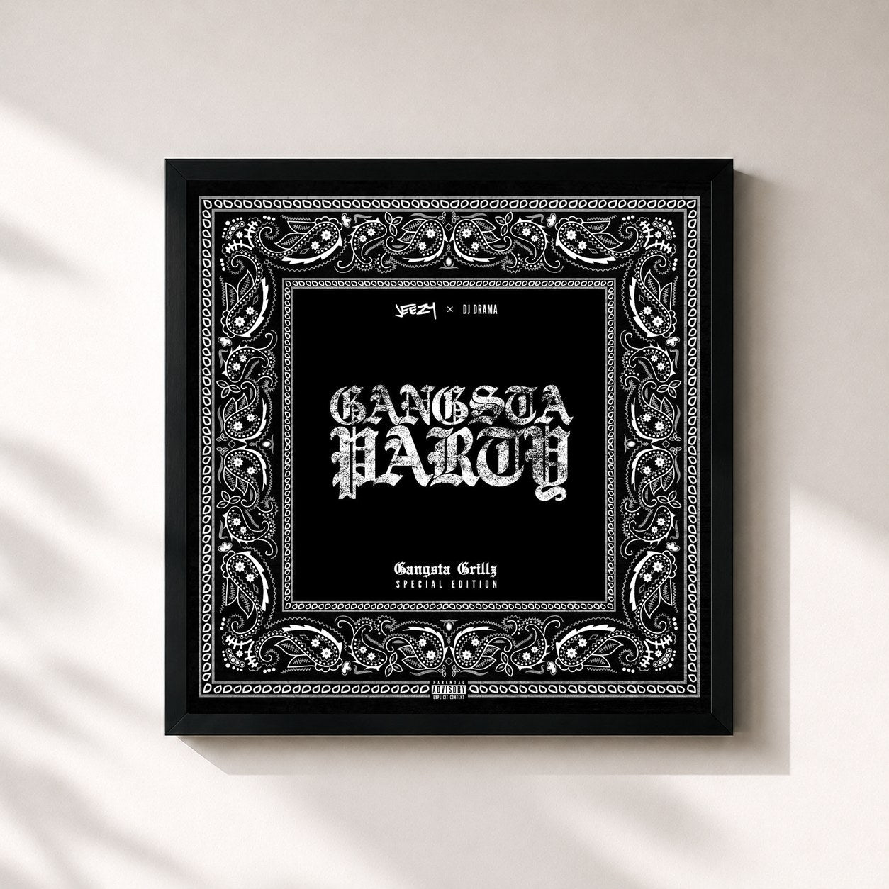 #noir Tableau carré de l'album Gangsta Party de Jeezy, cadre noir 32x32 cm