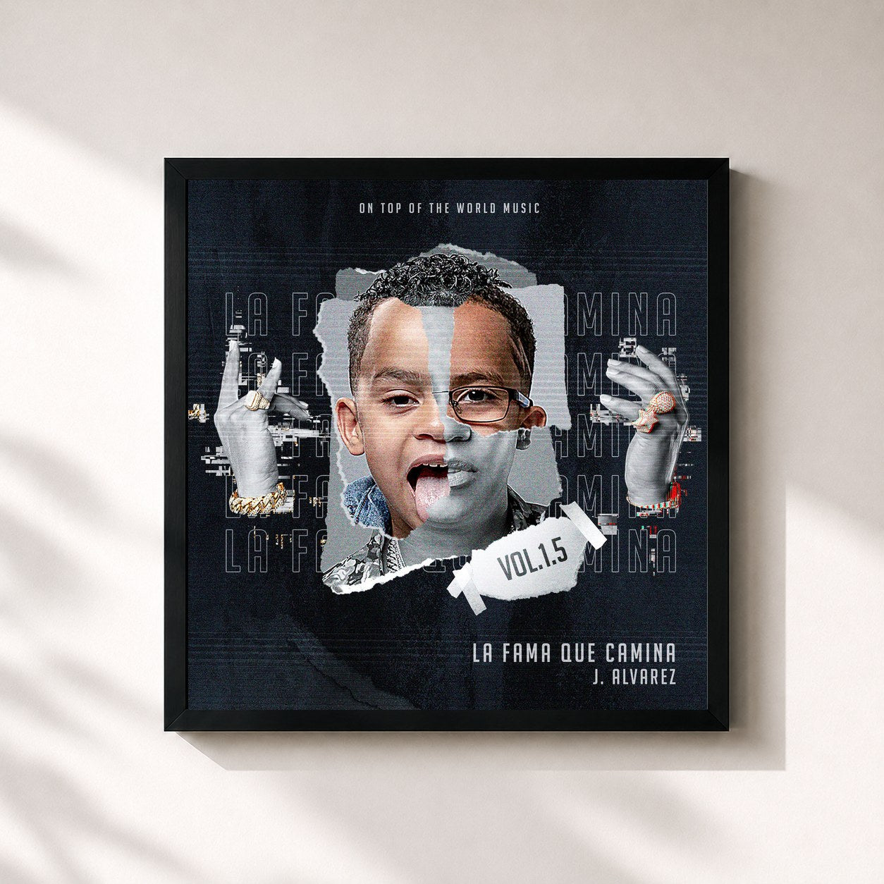 #noir Tableau carré de l'album La Fama Que Camina, Vol. 1.5 de J Alvarez, cadre noir 32x32 cm