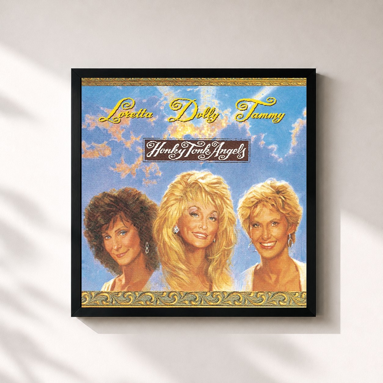 #noir Tableau carré de l'album Honky Tonk Angels de Dolly Parton, cadre noir 32x32 cm