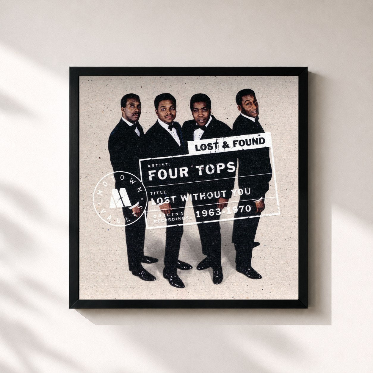 #noir Tableau carré de l'album Lost Without You: Motown Lost & Found de Four Tops, cadre noir 32x32 cm