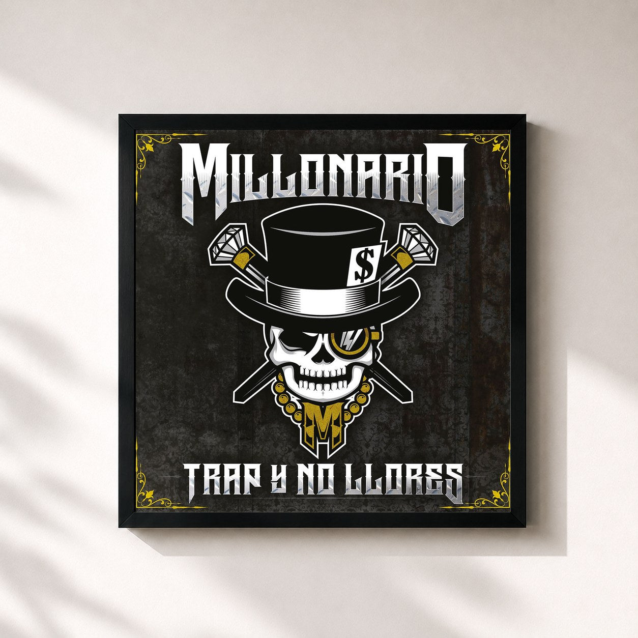 #noir Tableau carré de l'album Trap y No Llores de Millonario, cadre noir 32x32 cm