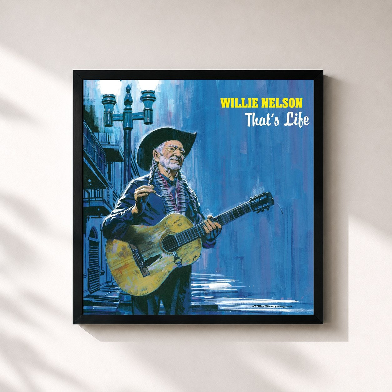 #noir Tableau carré de l'album That's Life de Willie Nelson, cadre noir 32x32 cm