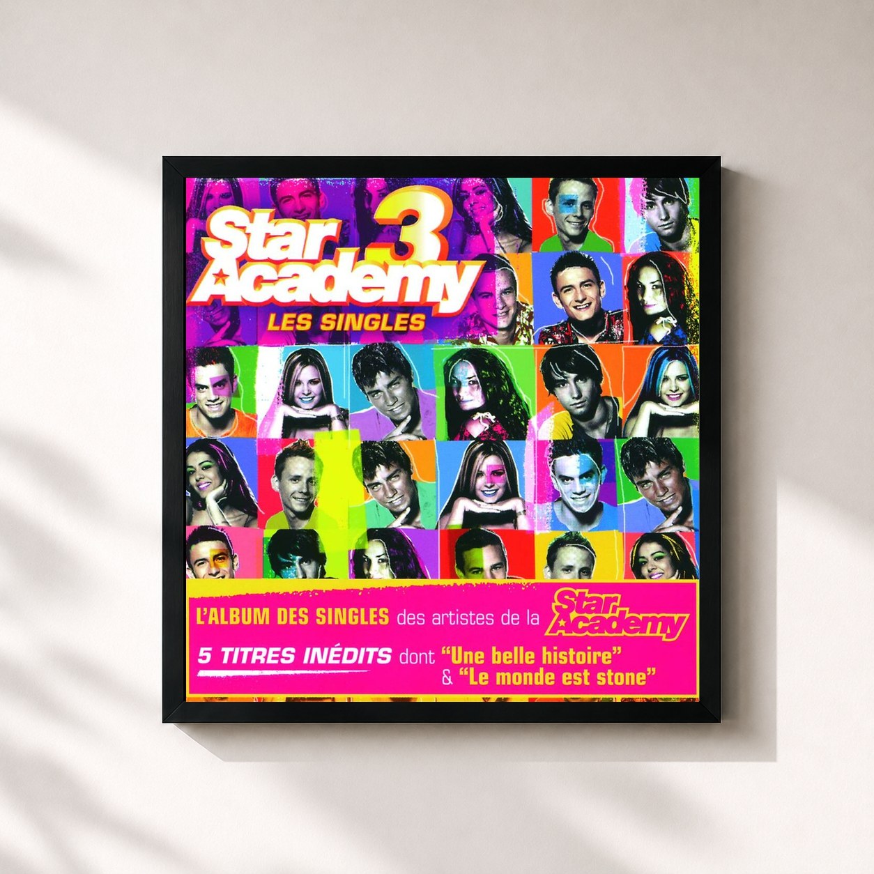 #noir Tableau carré de l'album Les Singles de Star Academy, cadre noir 32x32 cm