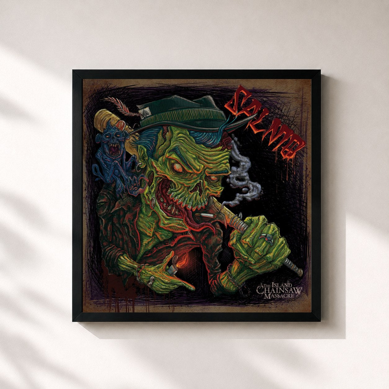 #noir Tableau carré de l'album The Island Chainsaw Massacre de Salmo, cadre noir 32x32 cm