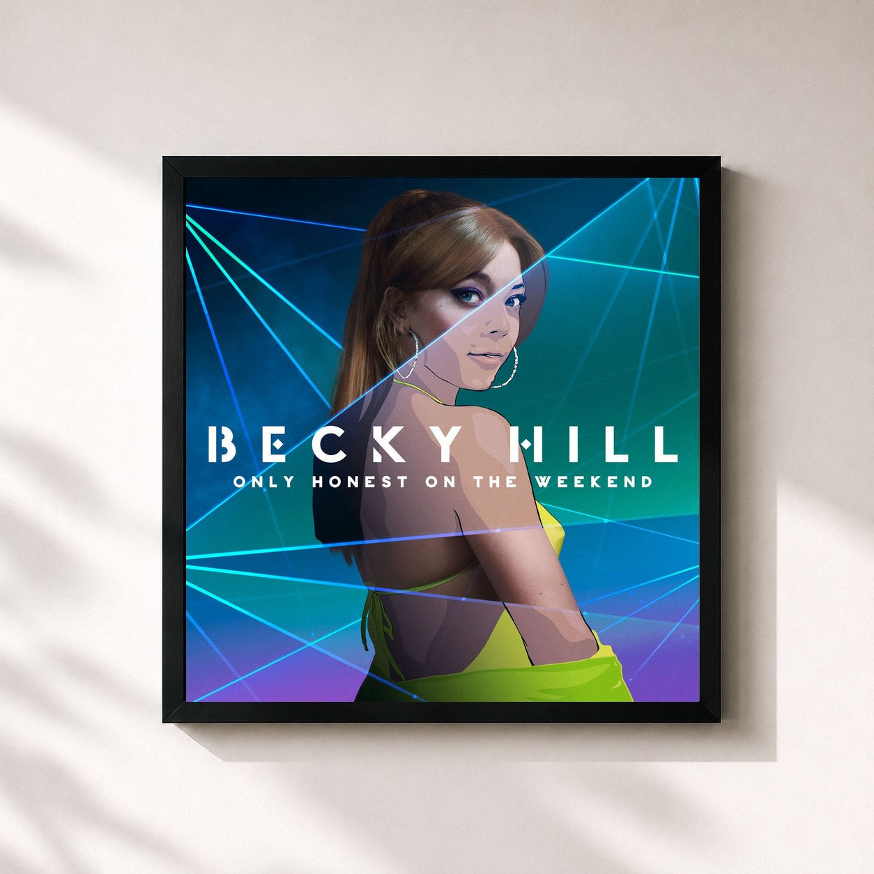 #noir Tableau carré de l'album Only Honest On The Weekend de Becky Hill, cadre noir 32x32 cm