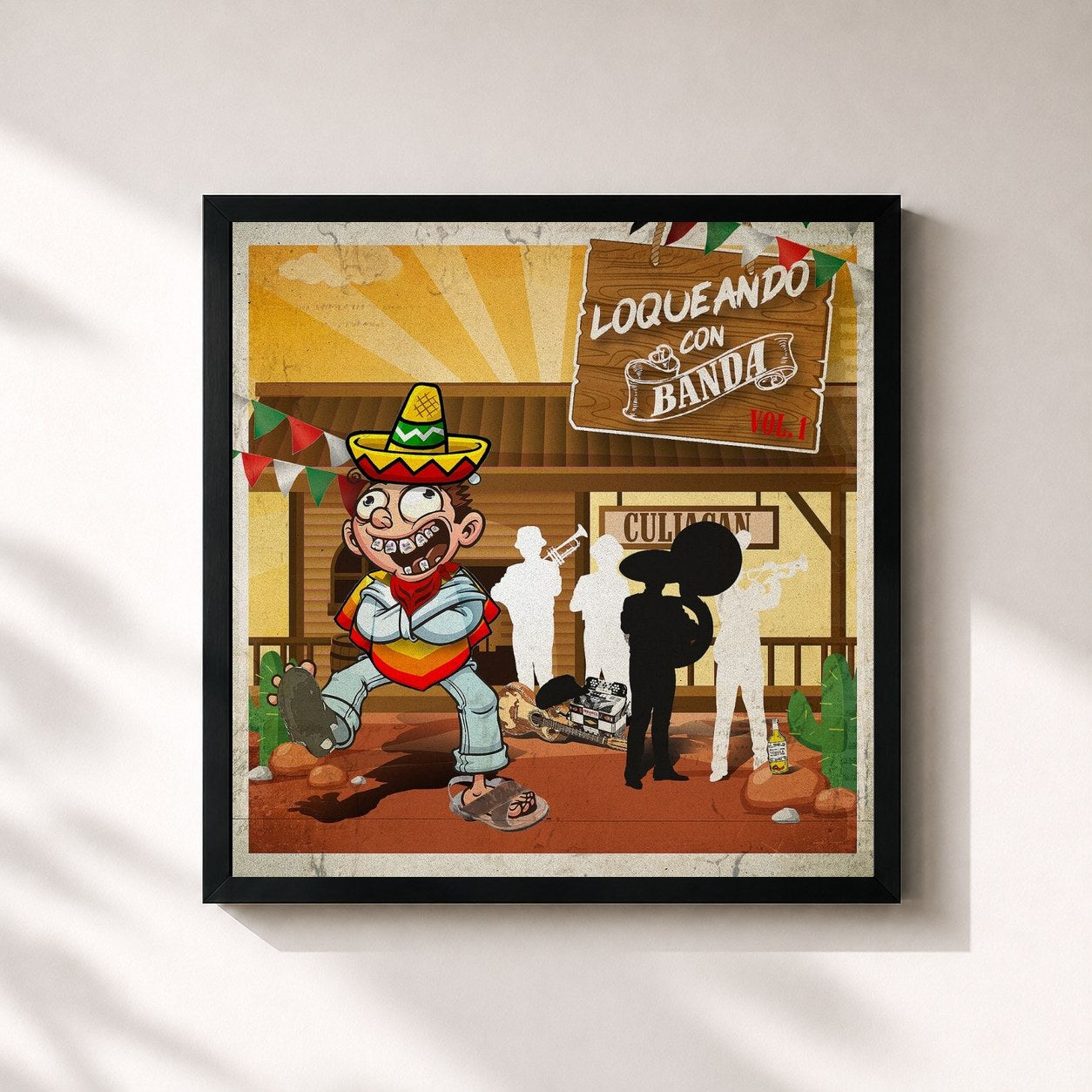 #noir Tableau carré de l'album Loqueando Con Banda Vol. 1 de Grupo Codiciado, cadre noir 32x32 cm