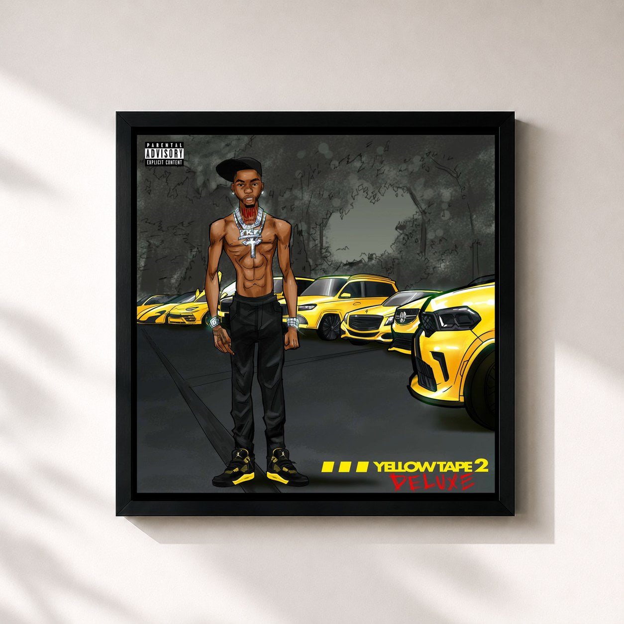 #noir Tableau carré de l'album Yellow Tape 2 (Deluxe) de Key Glock, cadre noir 32x32 cm