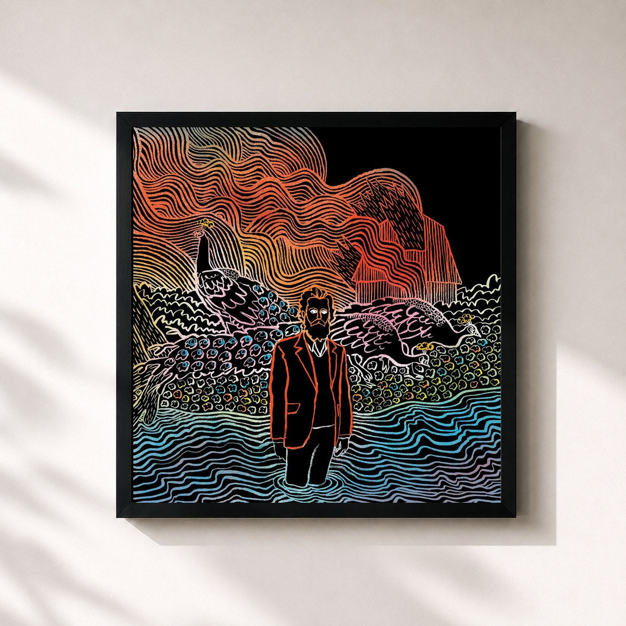#noir Tableau carré de l'album Kiss Each Other Clean de Iron & Wine, cadre noir 32x32 cm