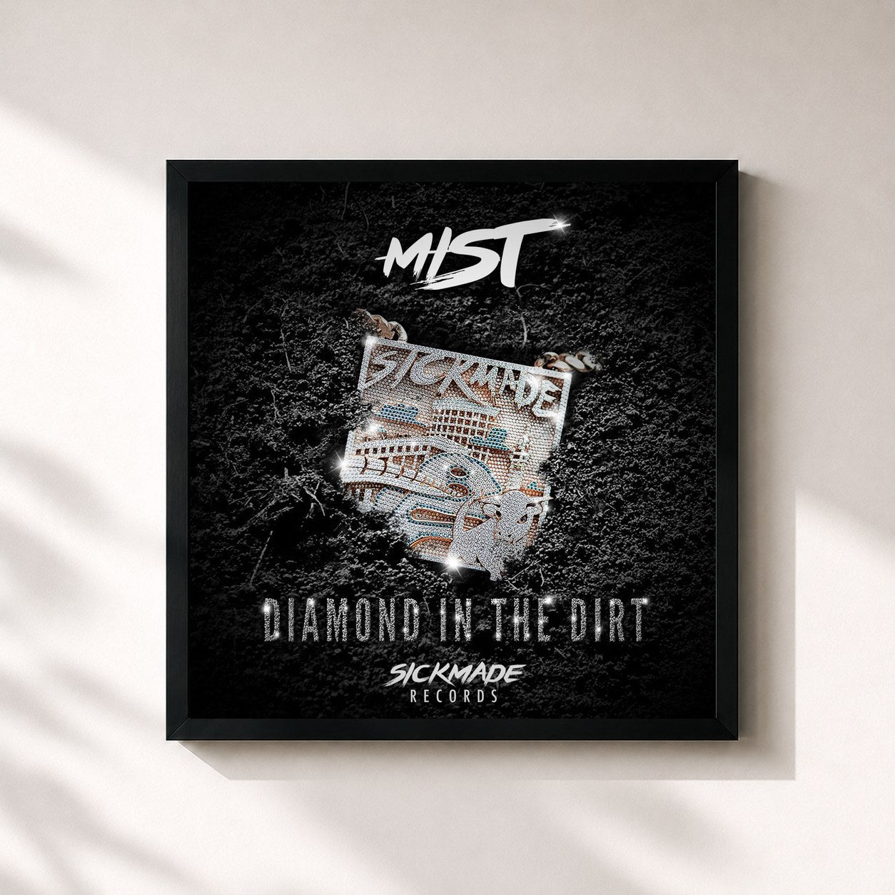 #noir Tableau carré de l'album Diamond in the Dirt de Mist, cadre noir 32x32 cm