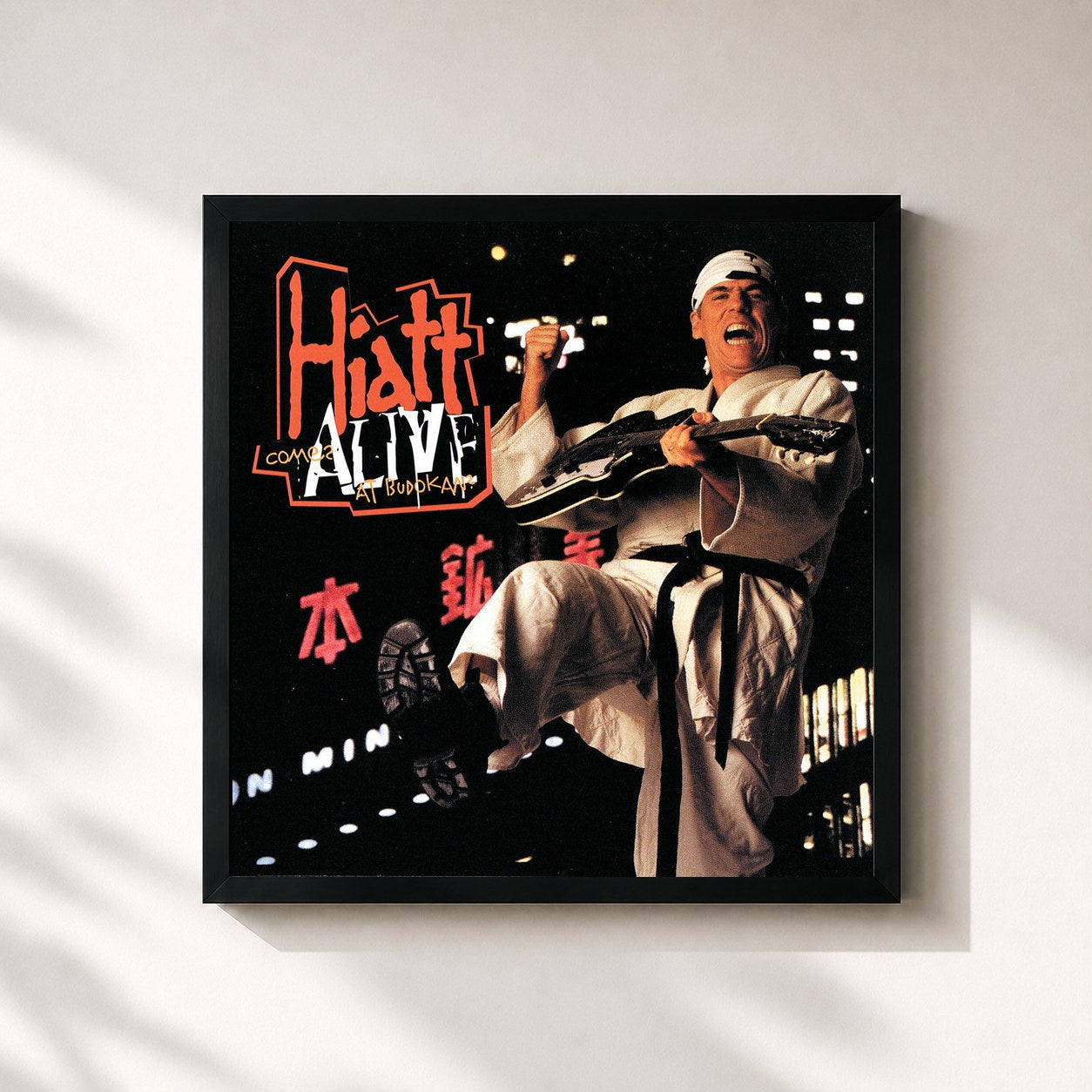 #noir Tableau carré de l'album Hiatt Comes Alive At Budokan? de John Hiatt, cadre noir 32x32 cm