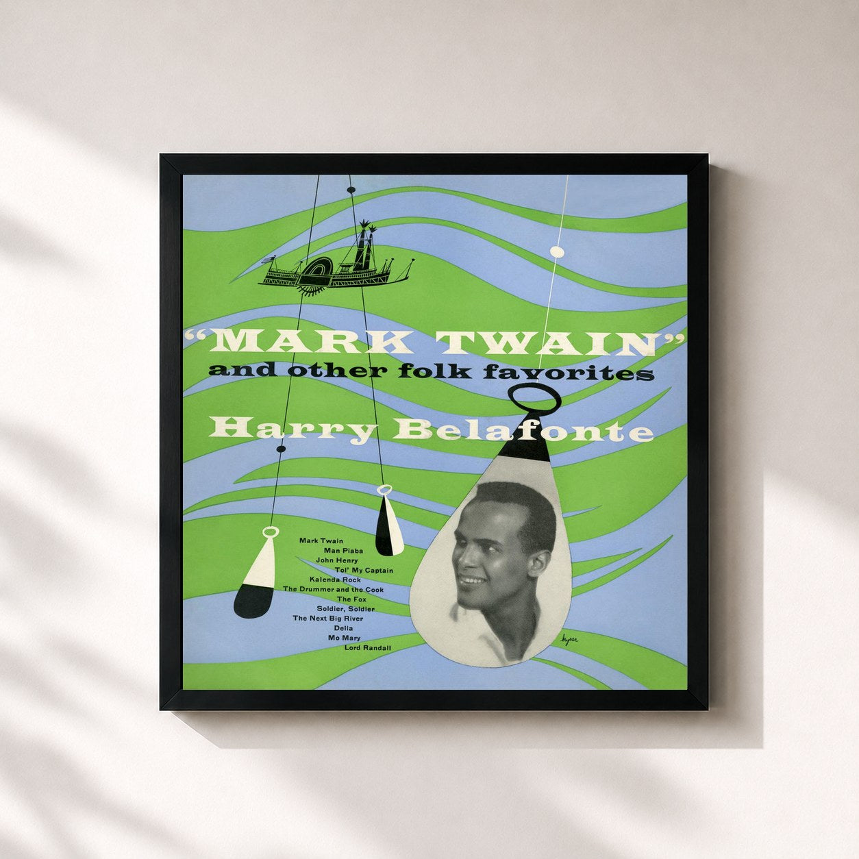 #noir Tableau carré de l'album "Mark Twain" and Other Folk Favorites de Harry Belafonte, cadre noir 32x32 cm
