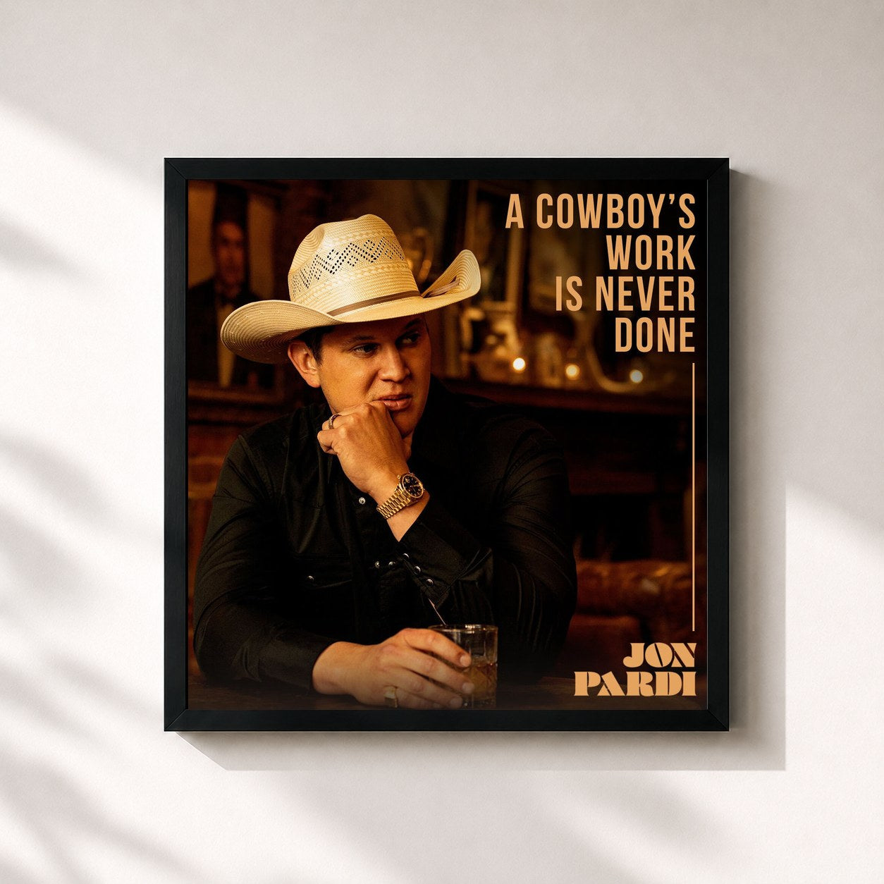 #noir Tableau carré de l'album A Cowboy's Work Is Never Done de Jon Pardi, cadre noir 32x32 cm