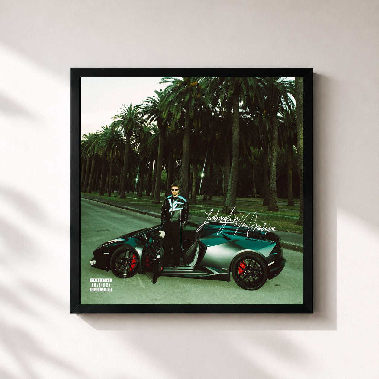 #noir Tableau carré de l'album Lamborghini a Via Marina de Vale Lambo, cadre noir 32x32 cm