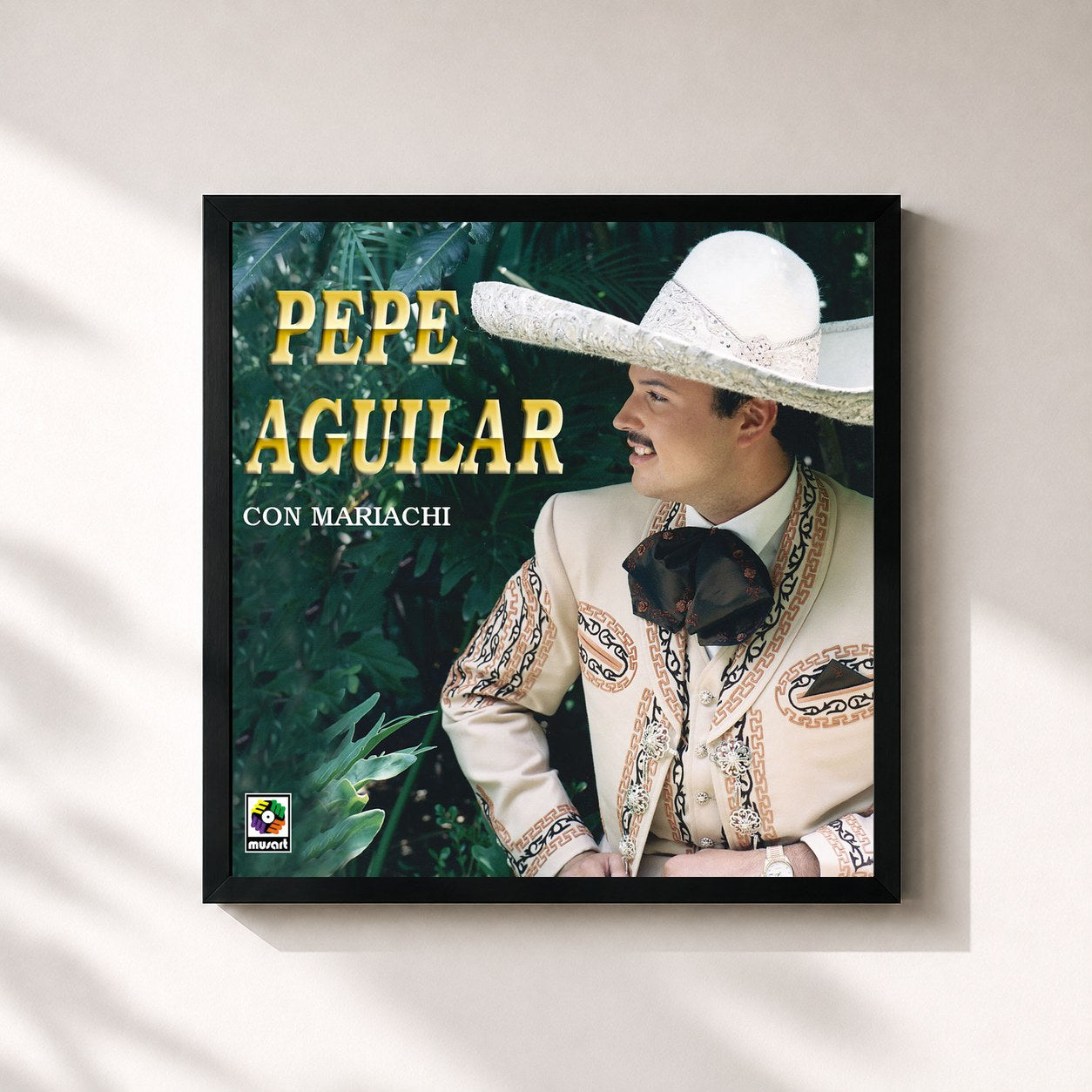 #noir Tableau carré de l'album Pepe Aguilar Con Mariachi de Pepe Aguilar, cadre noir 32x32 cm