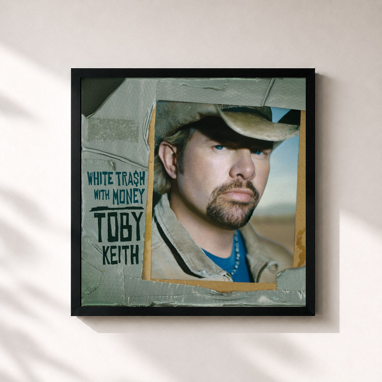 #noir Tableau carré de l'album White Trash With Money de Toby Keith, cadre noir 32x32 cm