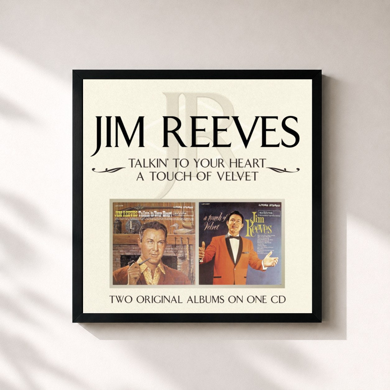 #noir Tableau carré de l'album Talkin' To Your Hear/A Touch of Velvet de Jim Reeves, cadre noir 32x32 cm