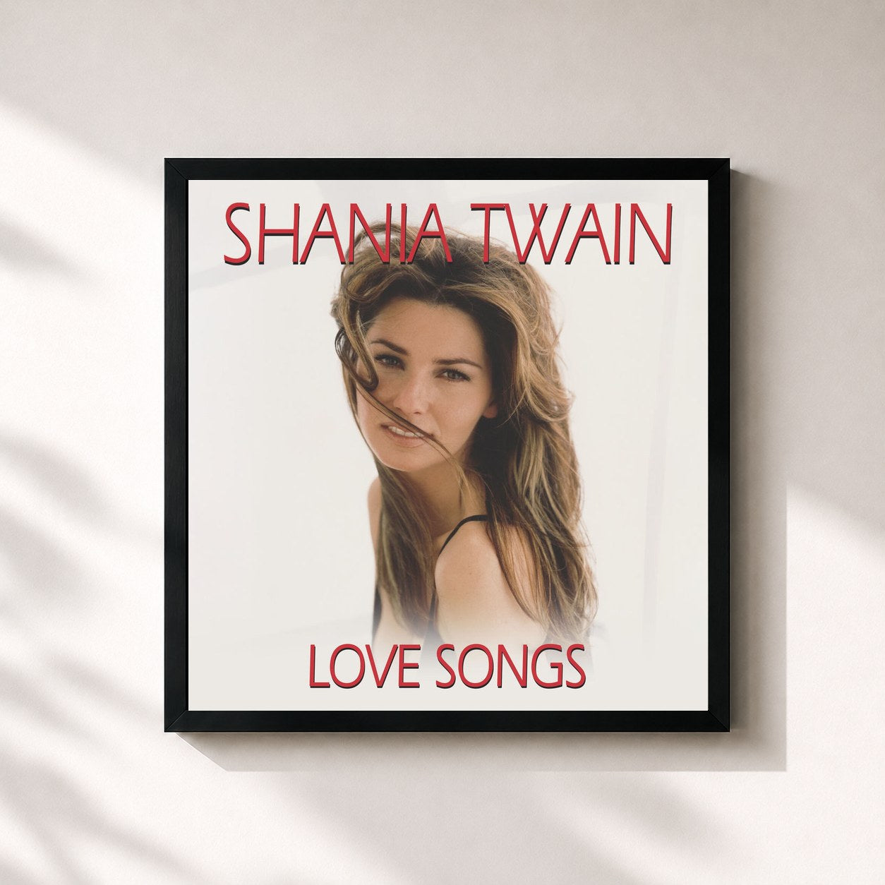 #noir Tableau carré de l'album Love Songs de Shania Twain, cadre noir 32x32 cm